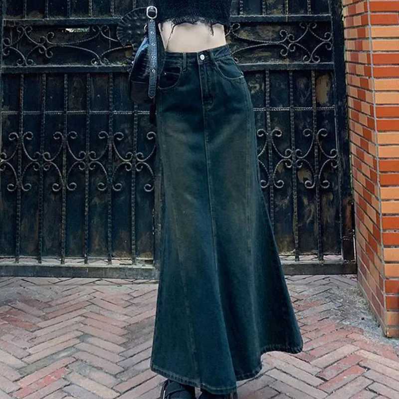 Biyaby Mermaid Denim Skirts Autumn Winter Woman Sexy Bandage Floor-Length Skirt Women Vintage Fashion High Waist Skirts Ladies M260316