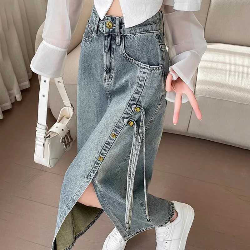 Fashion Side Tie Denim Skirt Ladies Women High Waist Harajuku Korean Style A-line Long Skirt For School Casual Faldas M260316