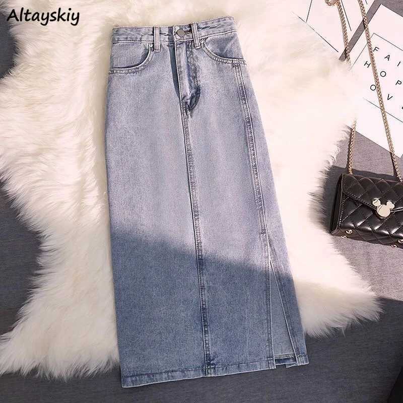 Denim Skirts Women High Waist Vintage Distressed Slim Long Hip-skirt A-line Elegant Fashion Side Slit Pockets Harajuku Modern OL M260316