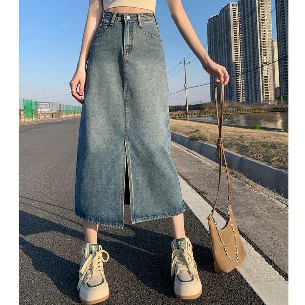 Summer Women High-waist Retro A- line Skirt Pockets Front Slit Washed Blue Denim Skirts Hip-covering Straight Long Jeans Skirt M260316