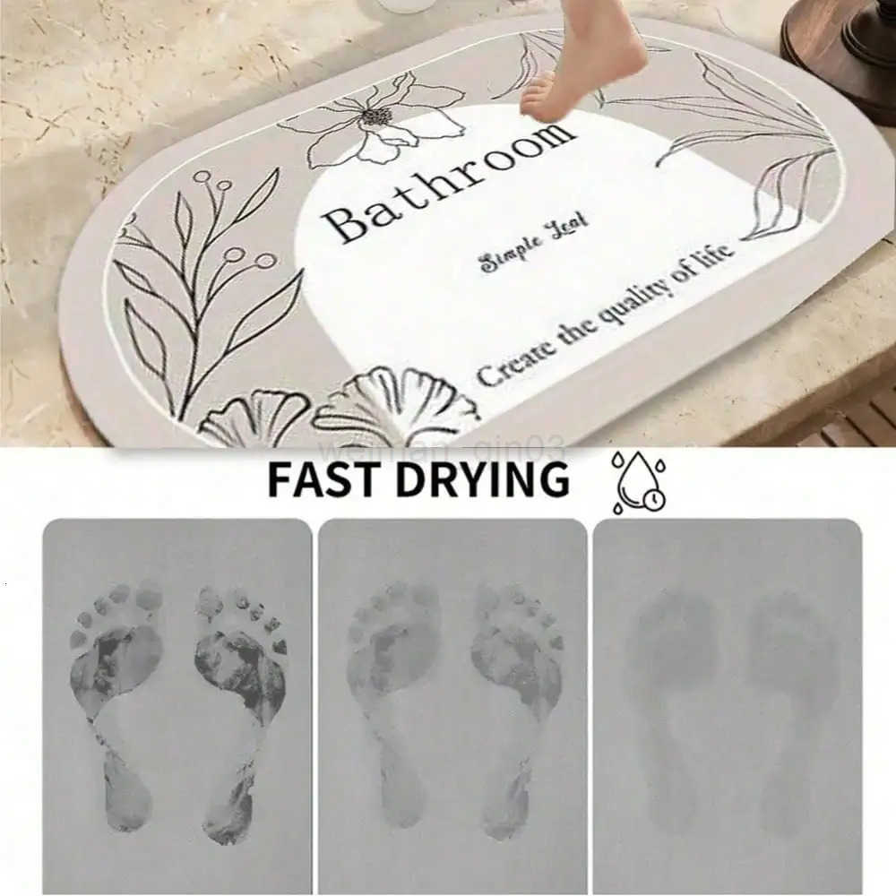 1Pc Oval Minimalist Floral Letter Bathroom Mat Quick Drying Super Absorbent Silicone Floor Mat for Home H260316