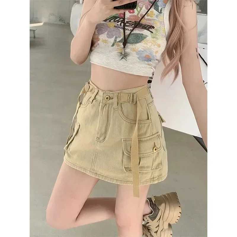Khaki Cargo Denim Short dress Women American vintage A Word High Waist Skirt Gyaru Anti-exposure Hip-wrapped Culottes M260316