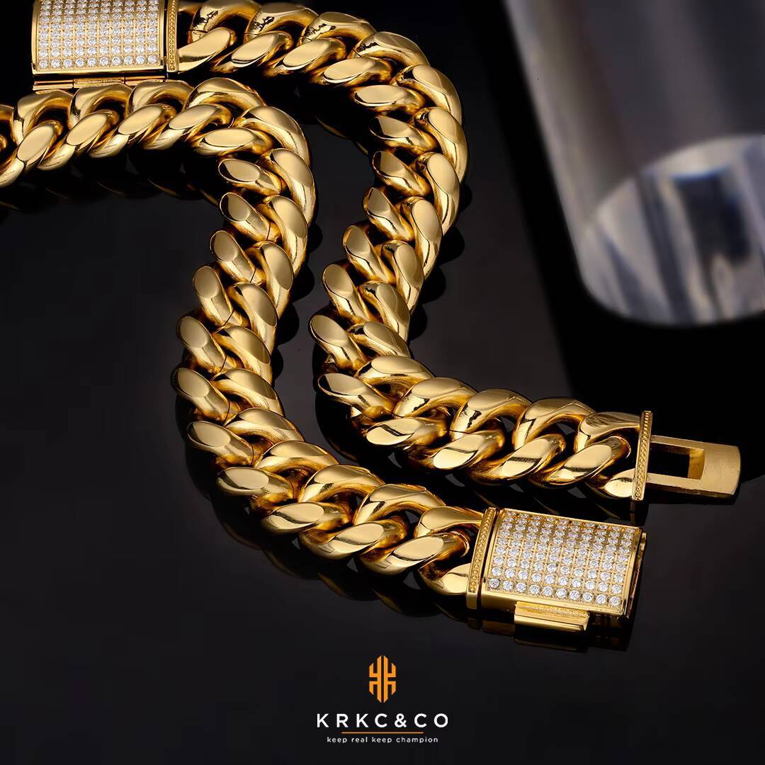 KRKC Hot Sale 18mm Titanium Stainless Steel CZ Buckle Rhodium 18k Gold Plated Hip Hop Men Necklace Big Punk Cuban Link Bracelet
