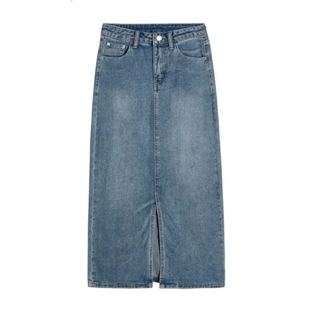 Summer Women High-waist Retro A- line Skirt Pockets Front Slit Washed Blue Denim Skirts Hip-covering Straight Long Jeans Skirt M260316