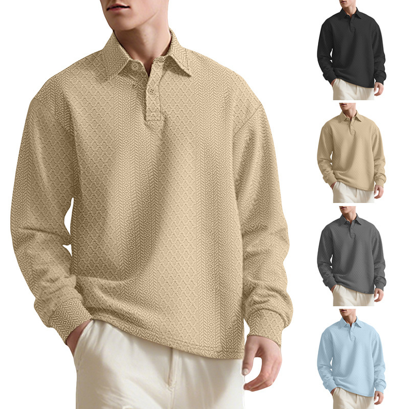 European And American Designer T-shirt Men's Textured Jacquard Solid Color Button New Polo Shirt Collar Long Designer Hoodie Sleeve Polo Loose Swea