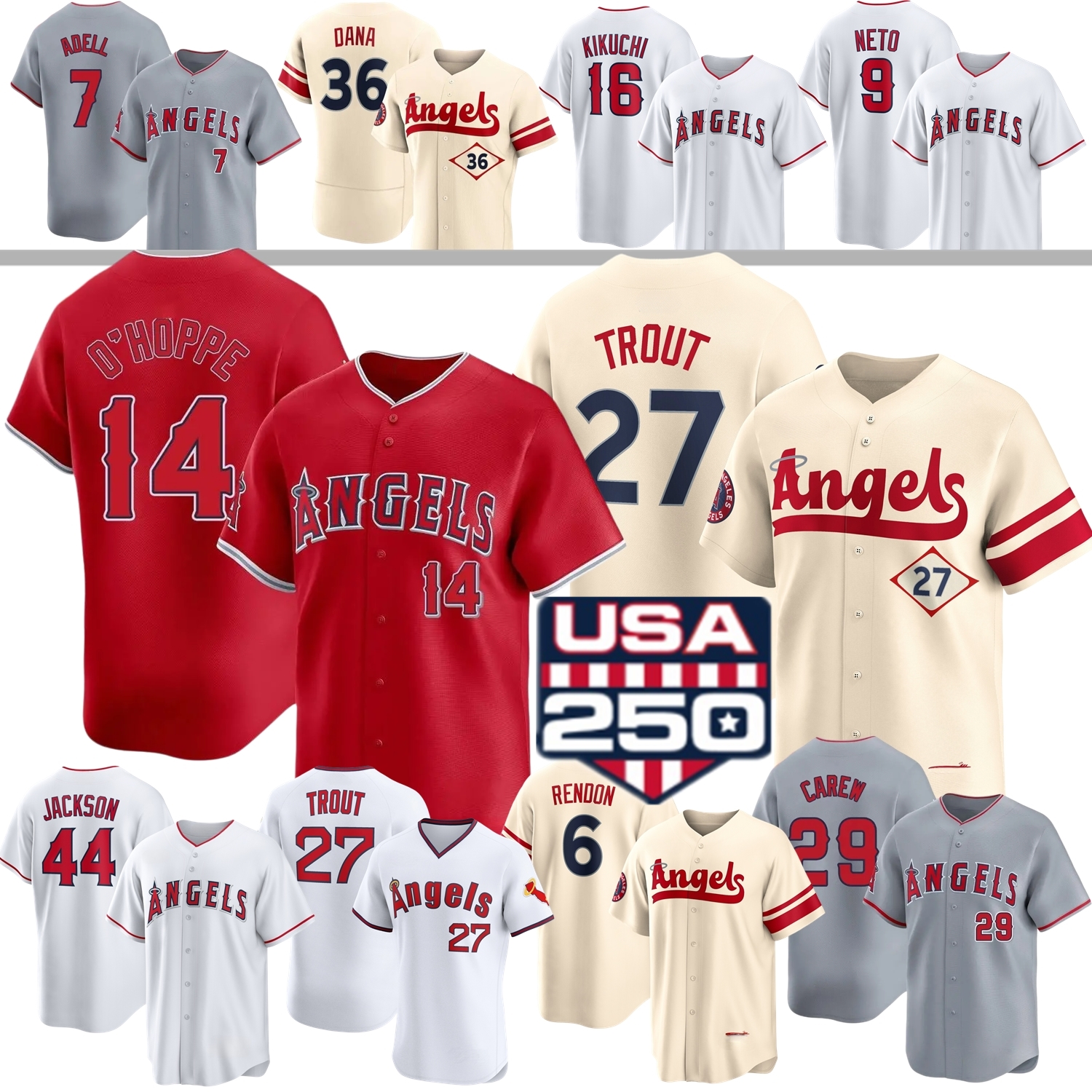 2026 LA Angels Baseball Jersey Mike Trout Logan O'Hoppe Caden Dana Zach Neto Nelson Rada Reggie Jackson Ryan Rodriguez Bremner Moore Romano Shores Soler Moncada Youth