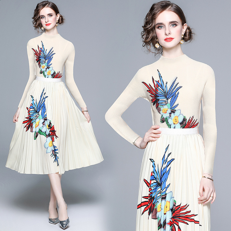 Two Piece Dress Summer Runway Flower Skirt Suit Womens Stretch Colorblock Knit Top High Waist Floral Printed Holiday Set 230516