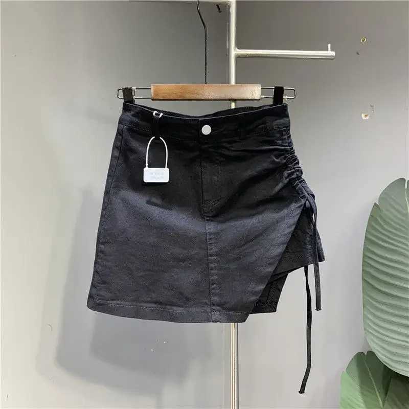 Pink denim skirt female 2024 summer new design sense irregular drawstring casual fashion temperament slim A-line skirt M260316