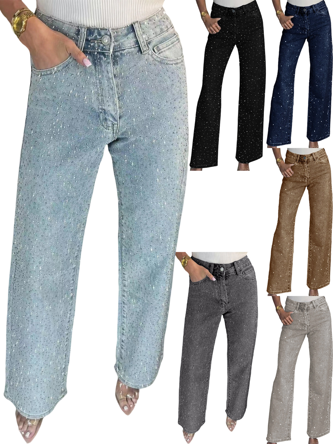 Women's Jeans Women's full-rhinestone washed jeans, high-waisted straight-leg pants with a sophisticated look, trendy long pants for women