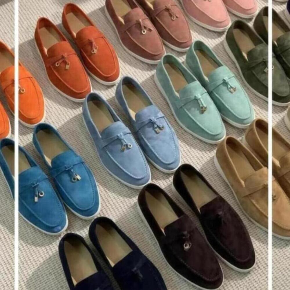 Brand Loafers Summer Charms Walk Suede Tassel Comfort Slip on Men Women loropi Gold or Silver Metal Lock Genuine Leather Decorate Flat Mules Casual Shoes size 35-45