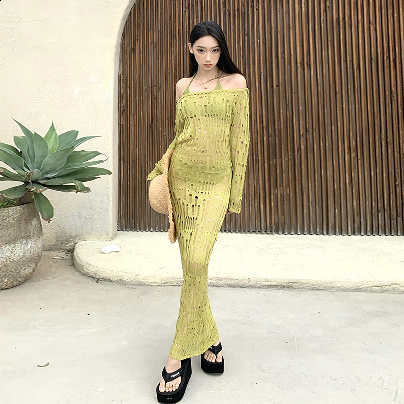 Sexy Off Shoulder Tassel Split Sling Dress Women Backless Long Sleeved Slim Robes Fashion Lady Vacation Beach 240823