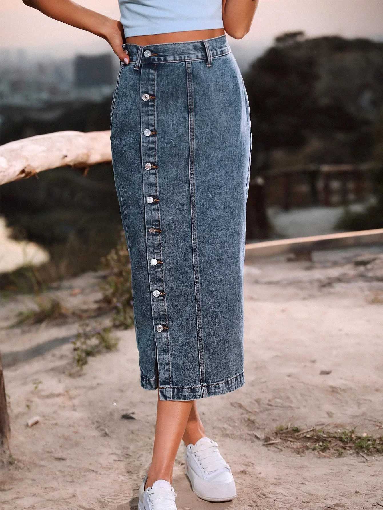 Casual Maxi Denim Skirts For Women Summer 2024 Fashion BlaCK Jeans Dress Long Y2k Skirt a01 M260316