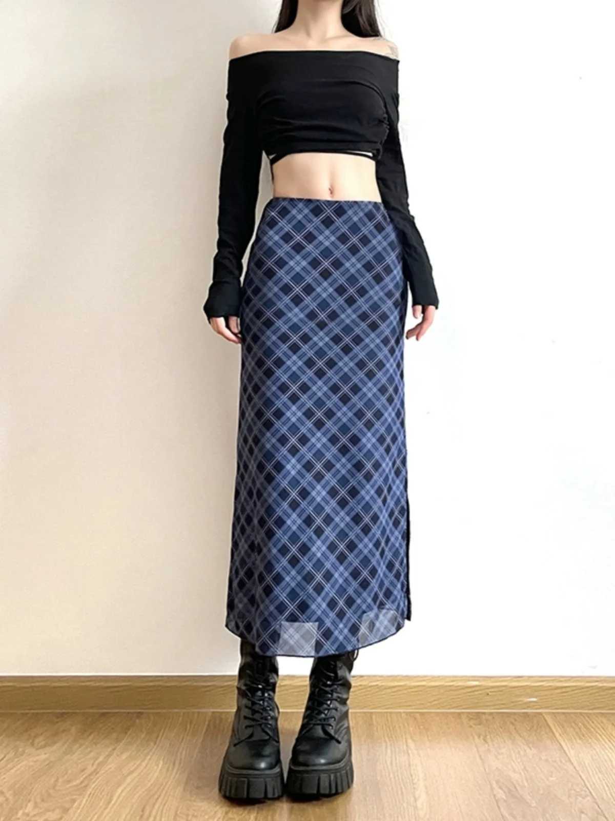 High Waist Plaid A-Line Skirt Womens Design Slimming Split Straight Cut Autumn College Sle Retro Street Faion M260316