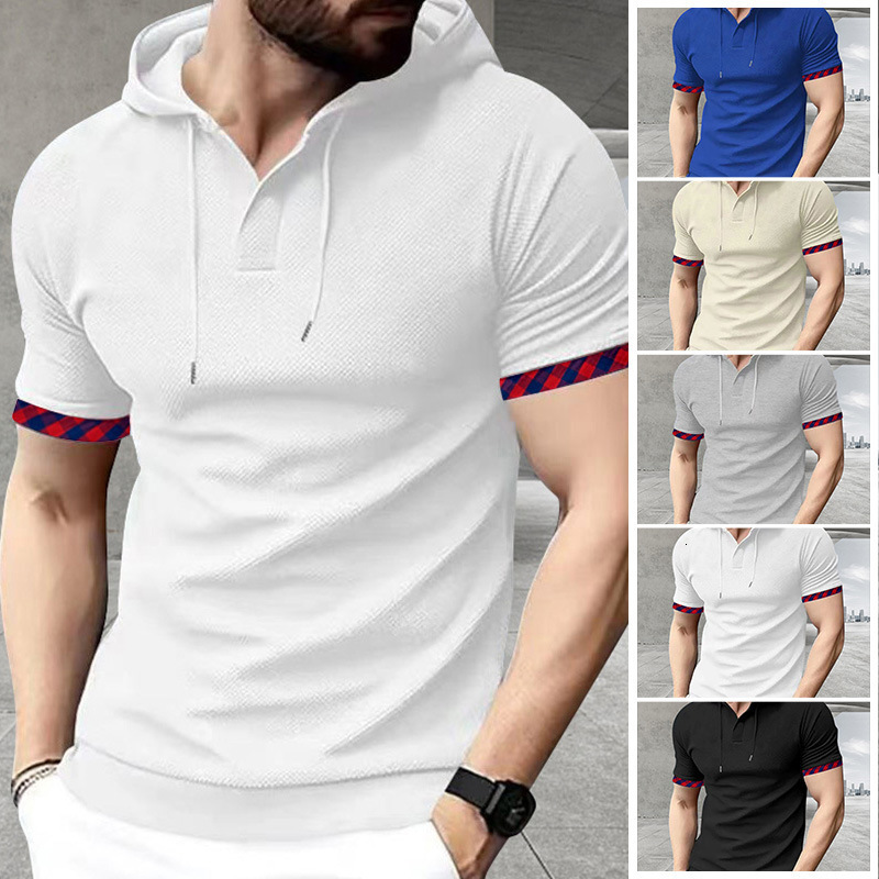 Summer New Polo Shortsleeve Men's Designer Hoodie Sporty Casual Fashion Waffle Solid Color Designer T-shirt Hooded Polo Shirt