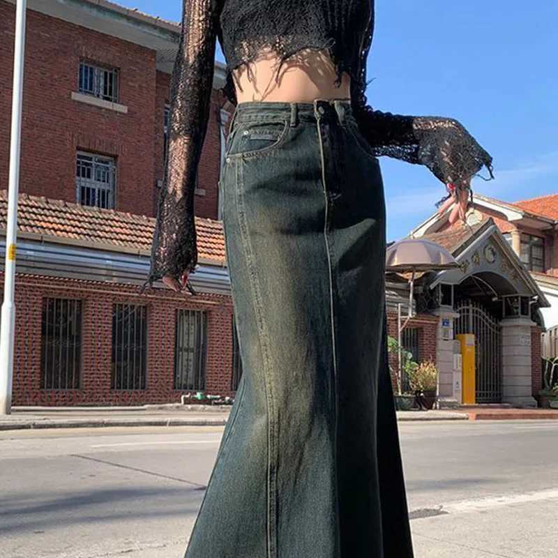 Biyaby Mermaid Denim Skirts Autumn Winter Woman Sexy Bandage Floor-Length Skirt Women Vintage Fashion High Waist Skirts Ladies M260316