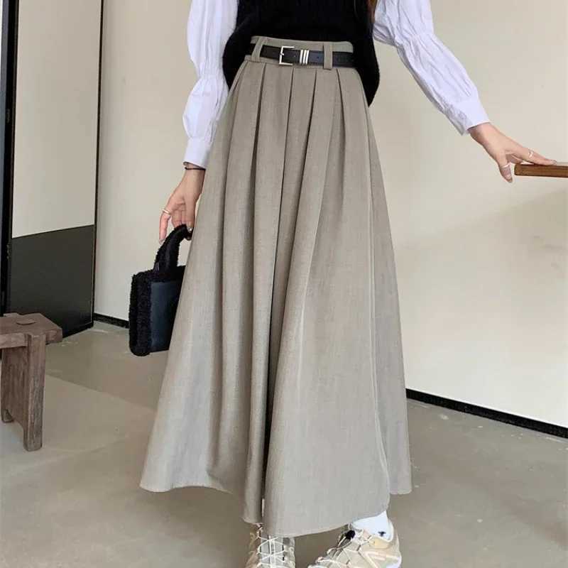 2024 New Korean Skirt Women Solid Color Versatile Mid-length Pleated Skirt Large Swing Type Skirt Female Long Skirts for Women M260316