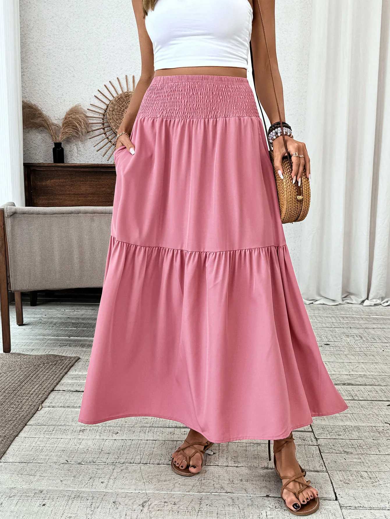 Womens Boho Skirt Elastic High Waist Pleated A-Line Flared Maxi Skirts Womens Flowy Long Skirts M260316