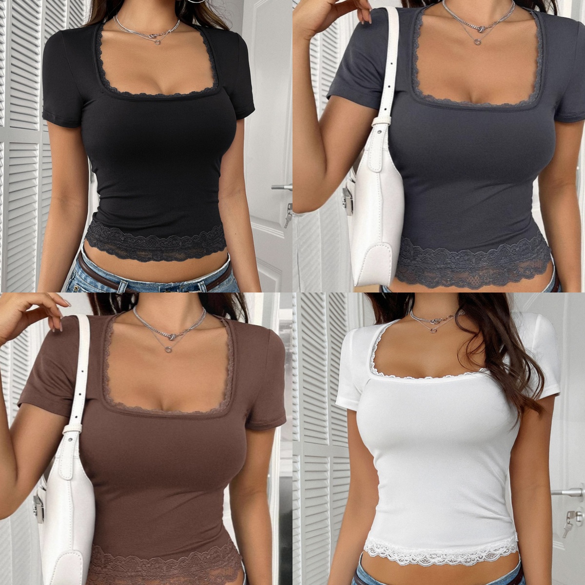 Women tight-fitting Tshirt sexy tomboy style lace-edged plain color square-neck short-sleeved T-shirt summer new style top