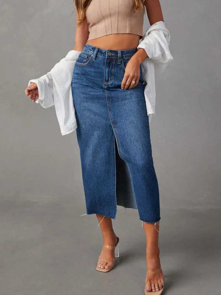 New In 2025 Womens Denim Skirt Spring Summer Korean Fashion High Waisted Streetwear Jean Skirt Female A-Line Midi Skirt M260316