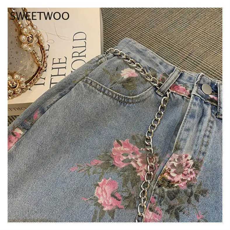 Streetwear Vintage Flowers Print Long Denim Skirts Summer 2021 High Waist Slim Sexy Open Split Straight Skirt Jeans Saias Female M260316