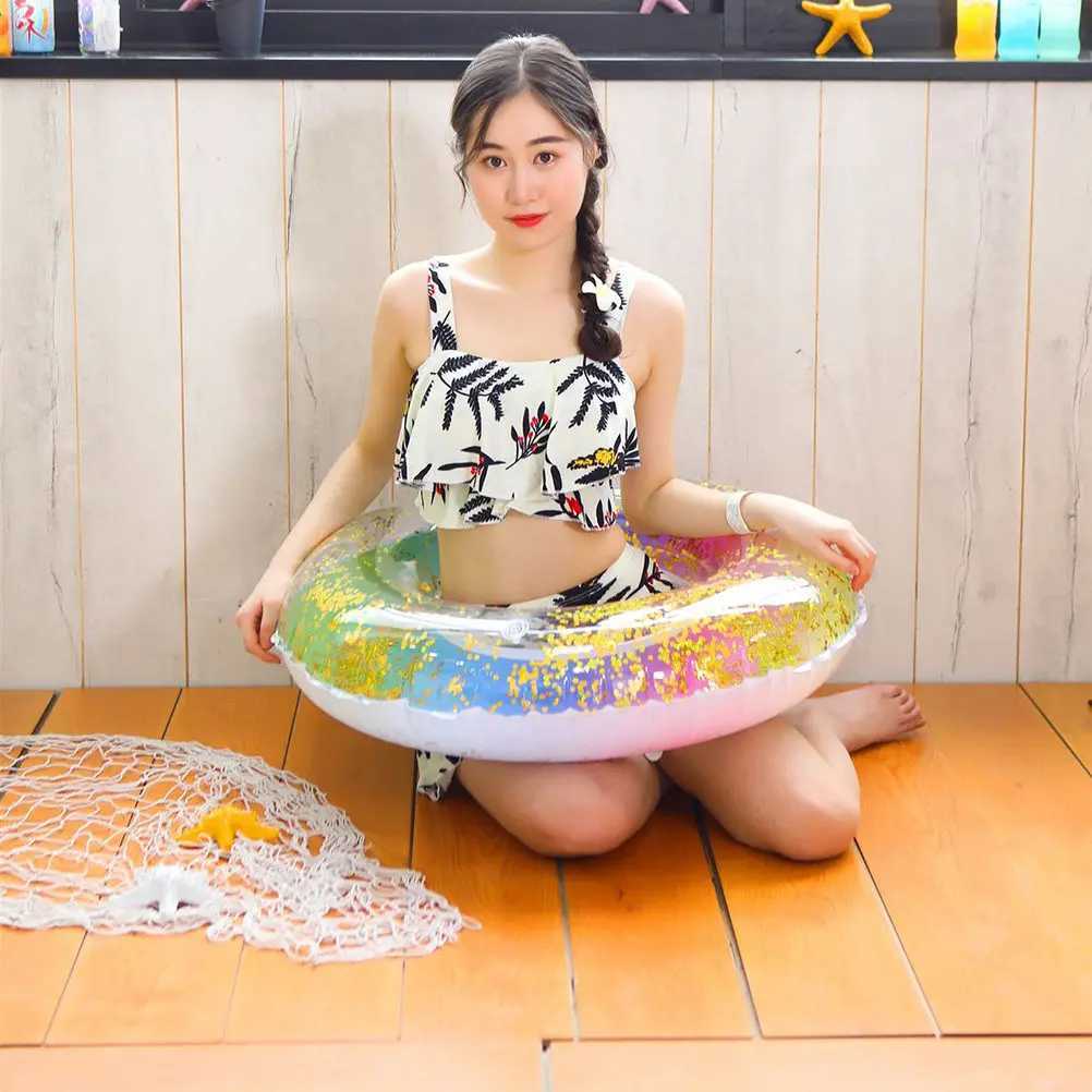 Sequins Translucent Gradient Rainbow Inflatable Swim Ring Safe Float Seat Ring Sports Accessory for Adults Women 70Cm Pool Beach M260316
