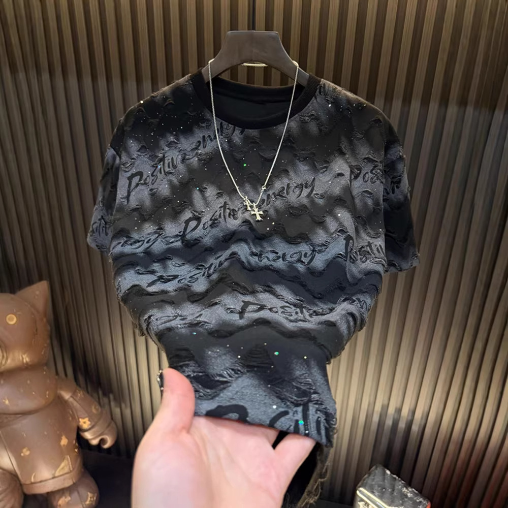 2026 Summer New Short Sleeve Starry Sky Drilled Hole Design Fashionable T-shirt Casual Round Neck Men's Top