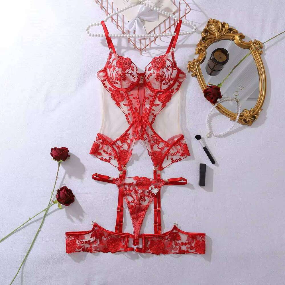 Women Sex Gemstone Heavy Sensual Set Rose Embroidery Perspective Valentine's Day Red Color Lingerie
