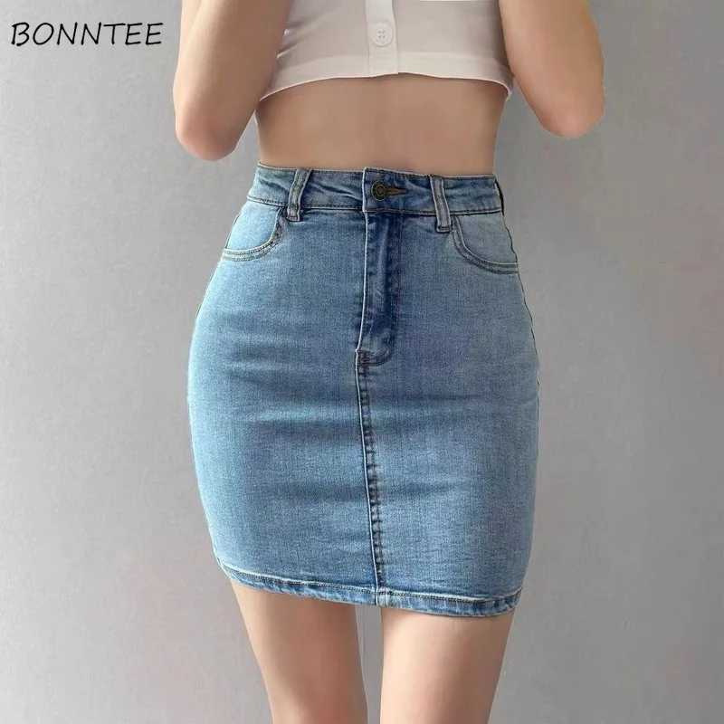 Skirts Women America Vintage High Waist Stretchy Bodycon Slim A-line Mini Sexy Denim Jupe Fashion Harajuku Simple Casual Ladies M260316