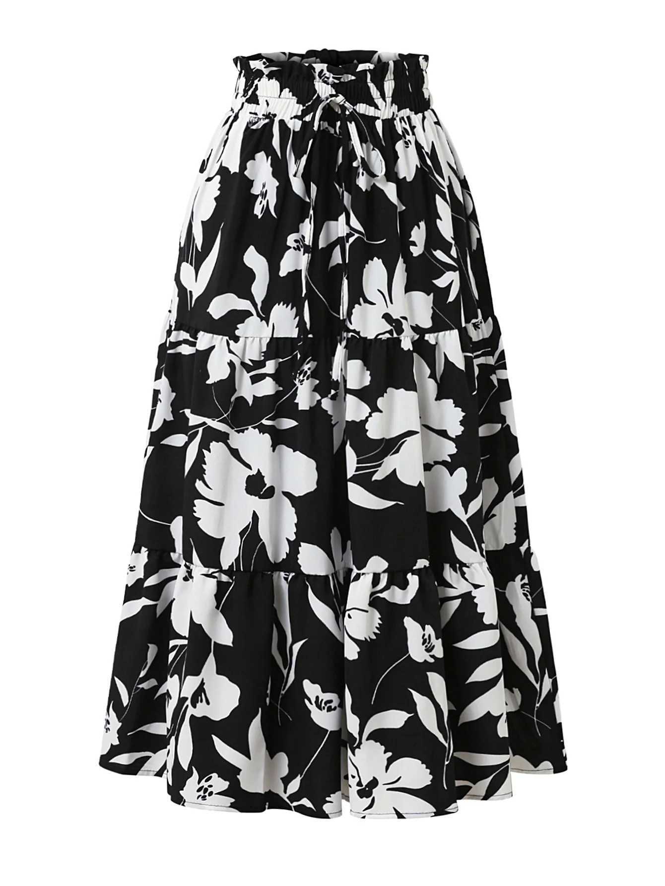 Womens Maxi Skirt Elegant Botanical Print a Line Long Half Skirt with Elastic Waist Perfect for Casual Wear M260316