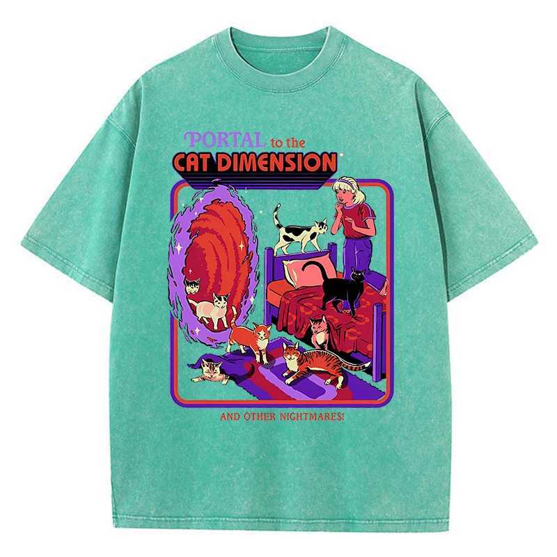 Portal To The Cat Dimension Washed Retro Men Clothes Fashion Summer T-Shirts Streetwear Cotton Loose Tops Breathable Tee Couple M260317