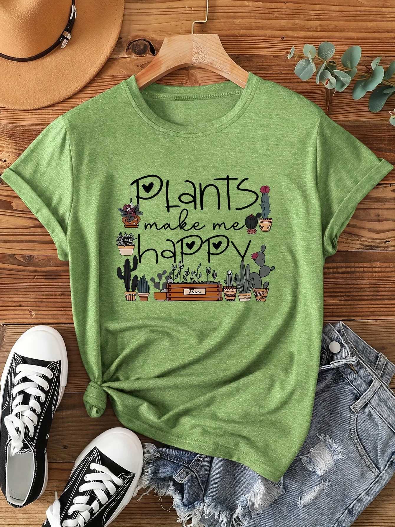 Plants Make Me Happy Womens Tee - Cute Plant Lover Graphic Casual Green Top M260317