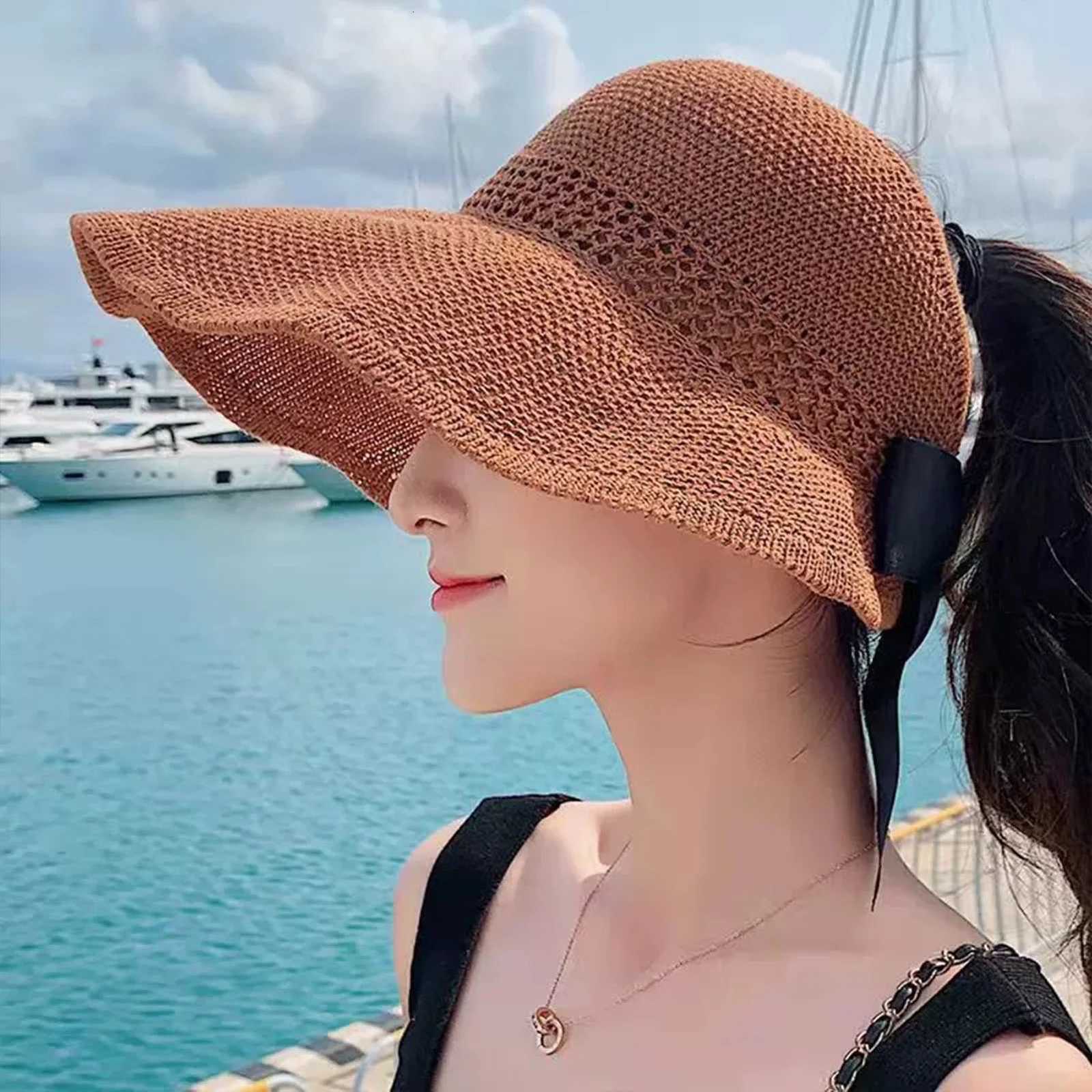 Foldable Women Wide Brim Straw Hat Breathable French Style Sun Hats with Bowknot for Outdoor Travel Photography H260317 - view 4