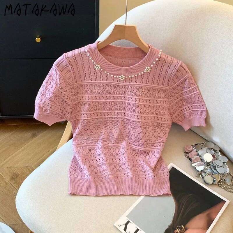 Spring Summer Thin Sweaters Women Tops Beading Flowers Hollow Out Pullovers Korean Fashion Solid Pulls Femmes