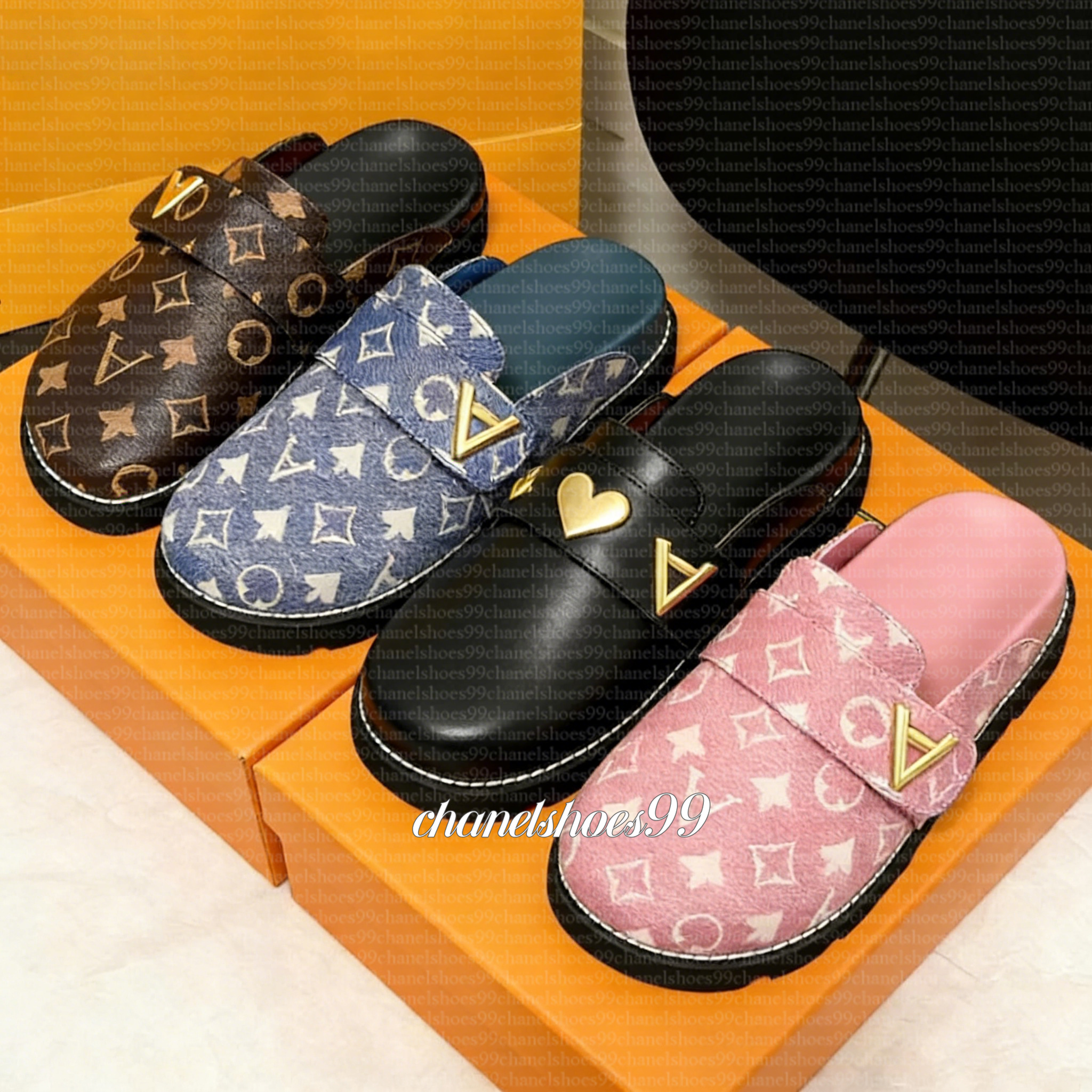 woman Luxury fur slide Mule Clog Designer shoe lvslys clog Cosy Flat fur sandals Calfskin Denim Letter Printing Comfort CasualPlatform fashion furry slide Slipper