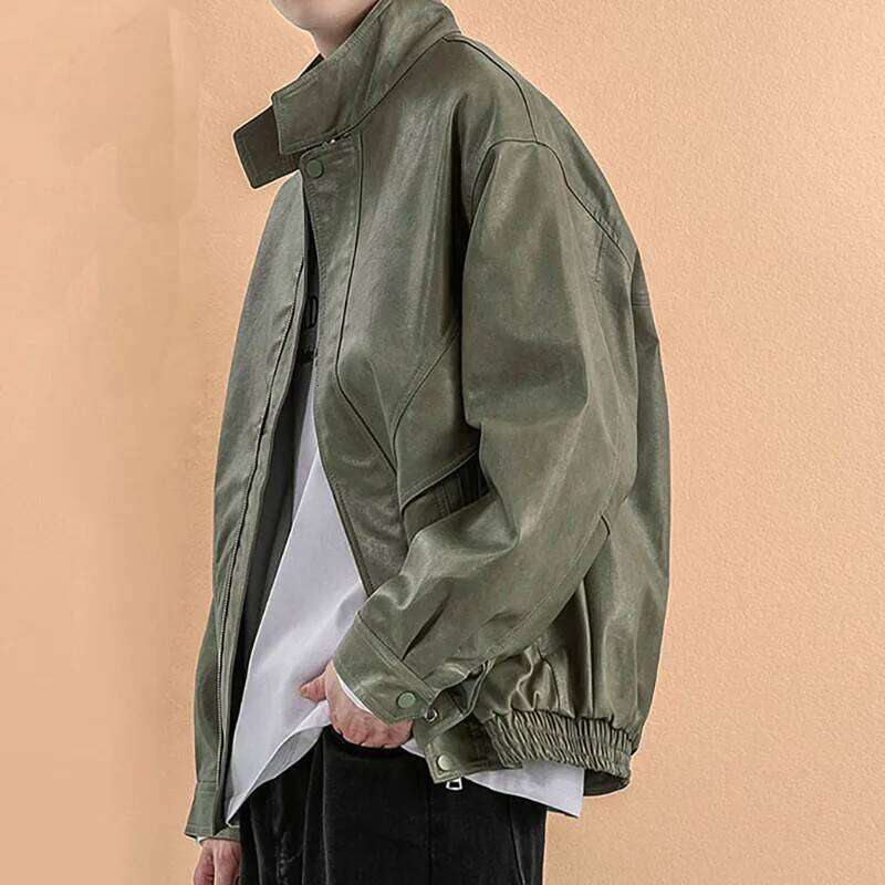 Baseball Collar Black Autumn Men Green Man Trendy Casual Pu Jacket Male Loose Motorcycle Faux Leather Coat
