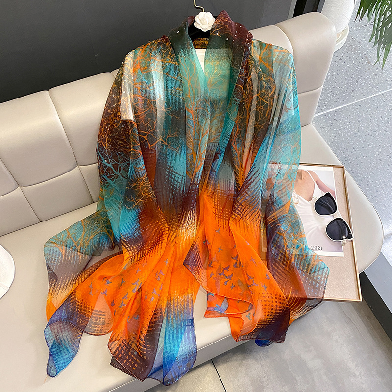 Women's Thin Silk Scarf For Spring Autumn Versatile And Elegant Long Scarf Summer Seaside Sunscreen Beach Shawl