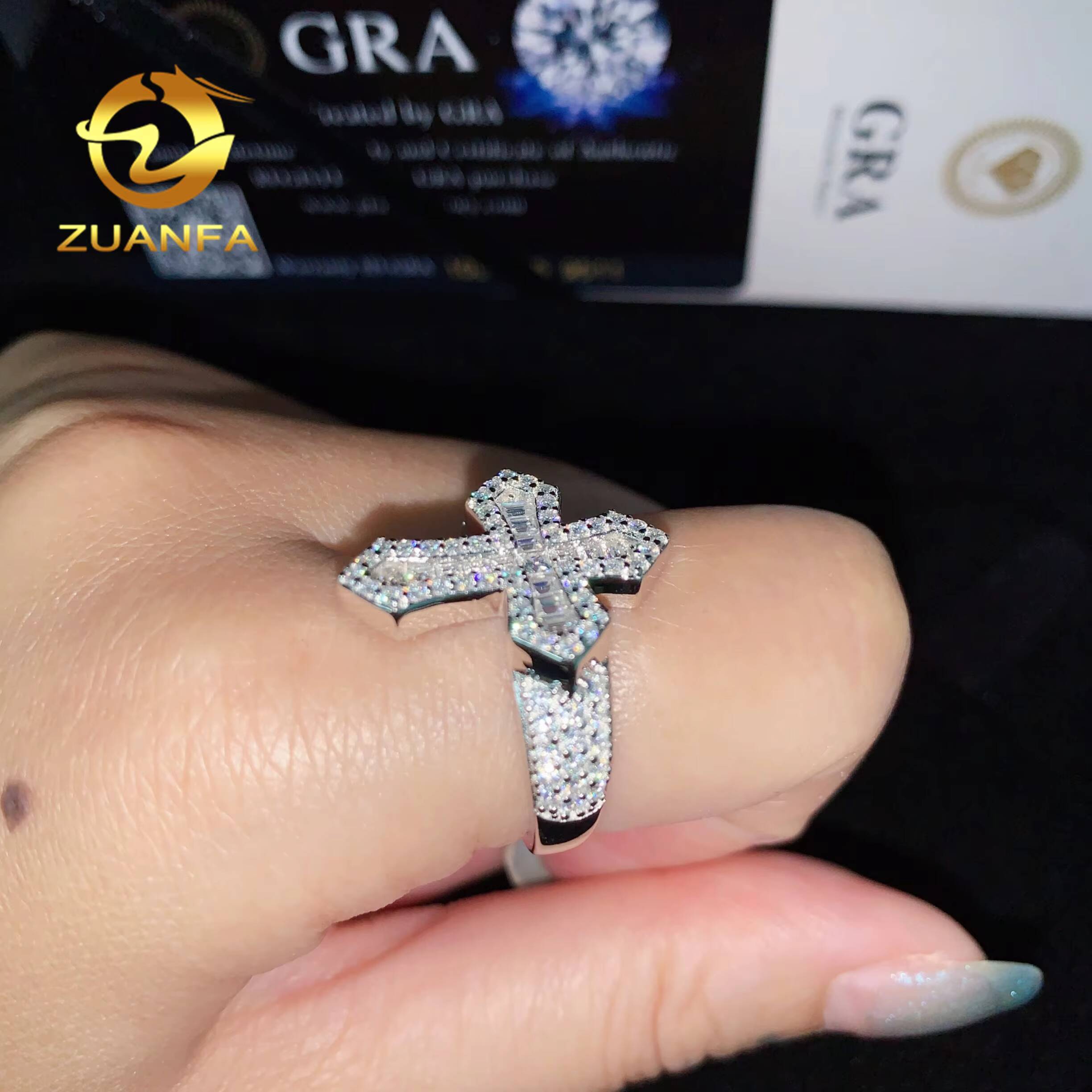 Affordable Fine Jewelry Ready to Ship GRA 925 Solid Silver Baguette Moissanite Ring Iced Out Ring Men Diamond Ring Cross Ring