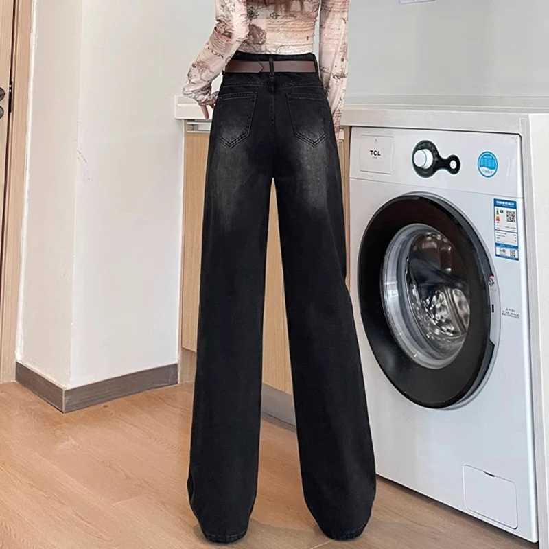 Woman New High Waist Loose Wide Leg Jeans s Boyfriend Straight Leg Pants Female Fashion Gray Black Denim Trousers Large Size M260317
