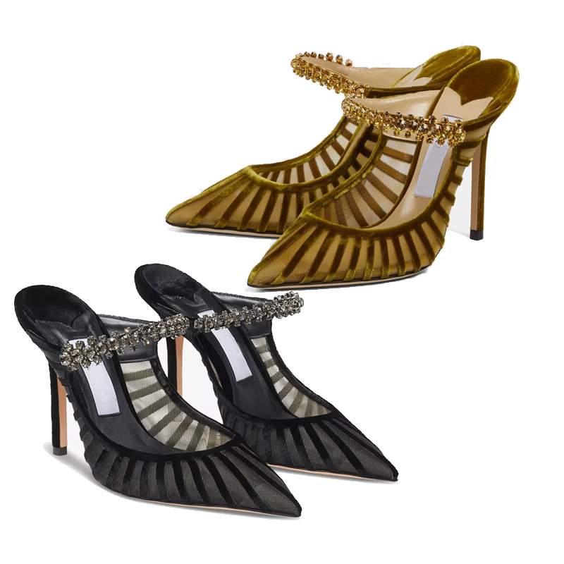 Top luxury brand designer Women Bing Sandals Shoes Crystals Strappy Mesh & Velvet Mules Pointed Toe High Heels Lady Evening Dress Elegant Walking