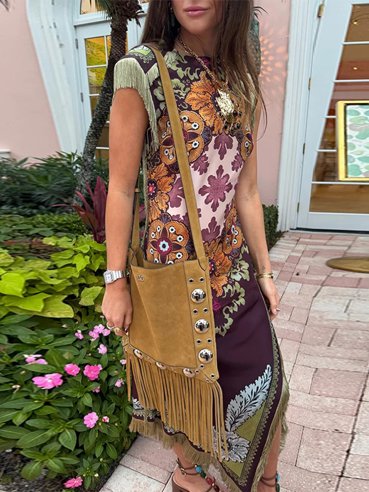Elegant Printed Womens Dress Fringed Sleeveless Slim Irregular Lady Dresses 2026 Spring Summer Chic Female Holiday Robe 260312