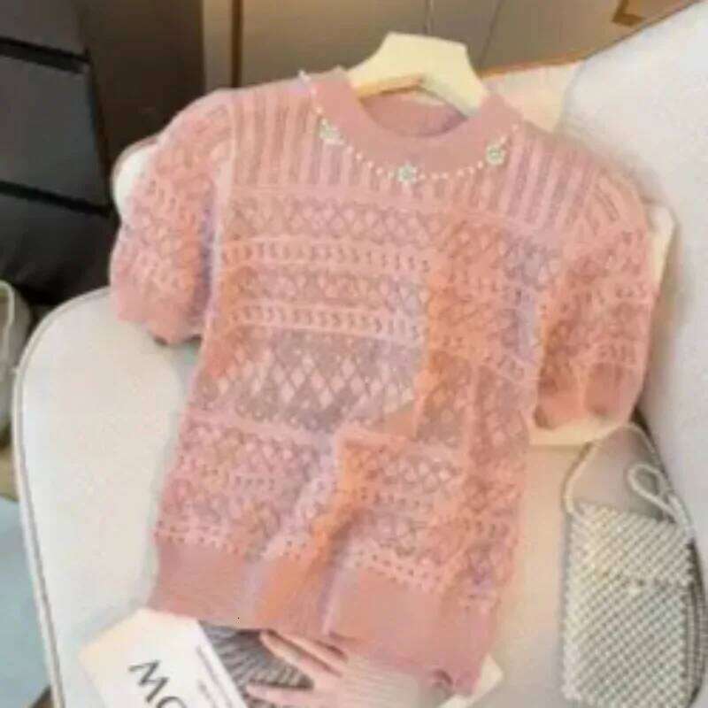 Spring Summer Thin Sweaters Women Tops Beading Flowers Hollow Out Pullovers Korean Fashion Solid Pulls Femmes