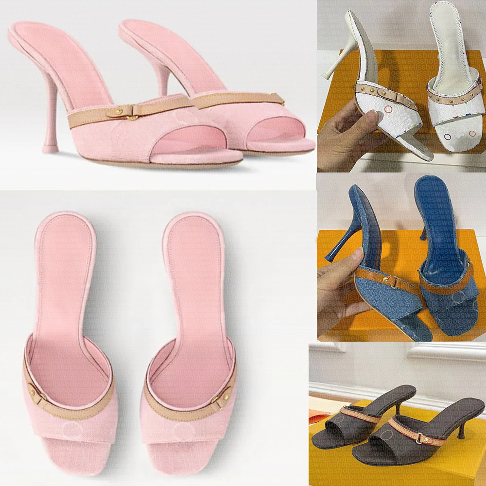 heels x TM Mule lvslys pink high heeled lvlyes designer womens pink denim 6CM mules Signature Leather outsole models stiletto heel feminine style casual mule sandals