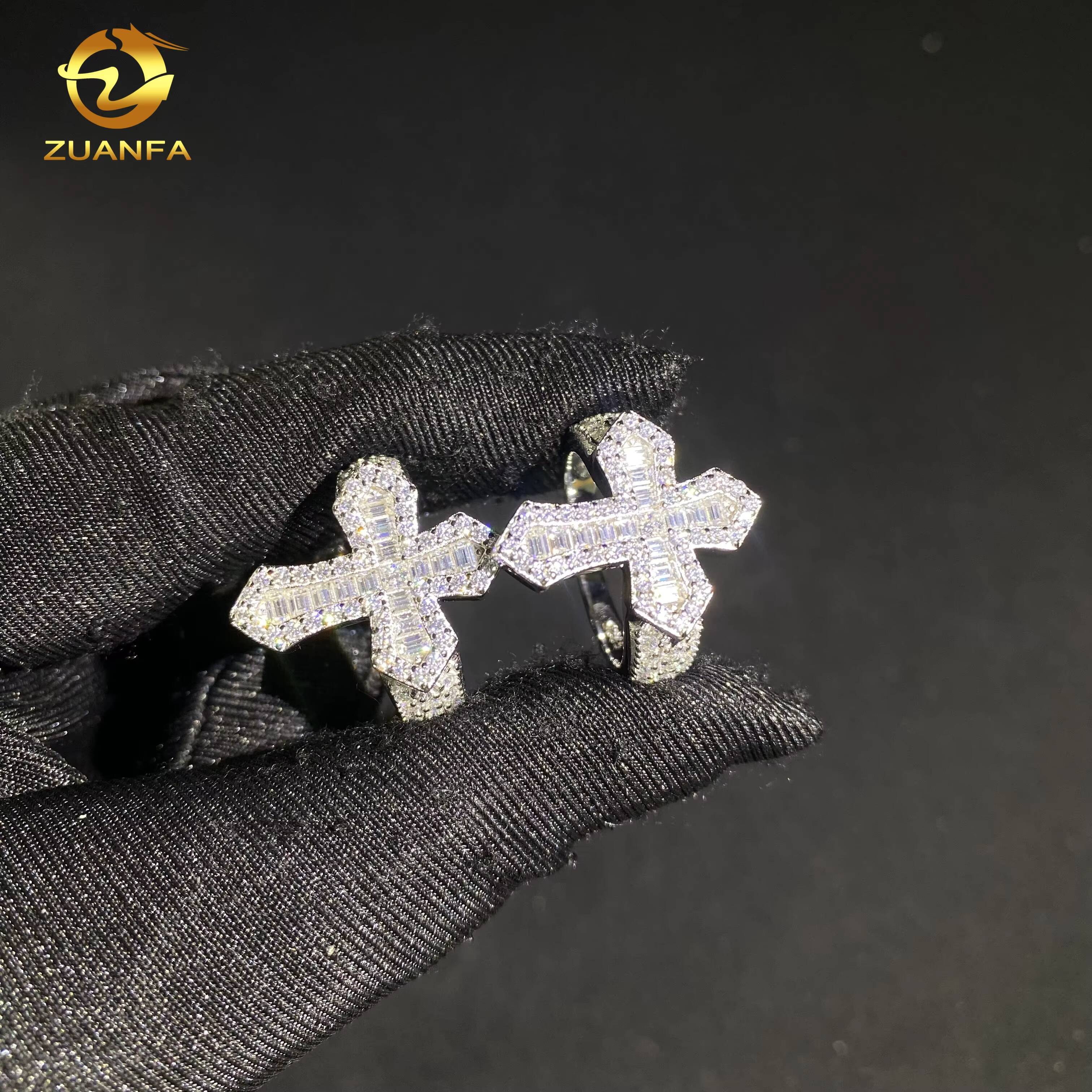 925 Silver Fine Jewelry Iced Out Diamond Ring Custom Hip Hop VVS D Moissanite Baguette Diamond Cross Rings GRA Certificate