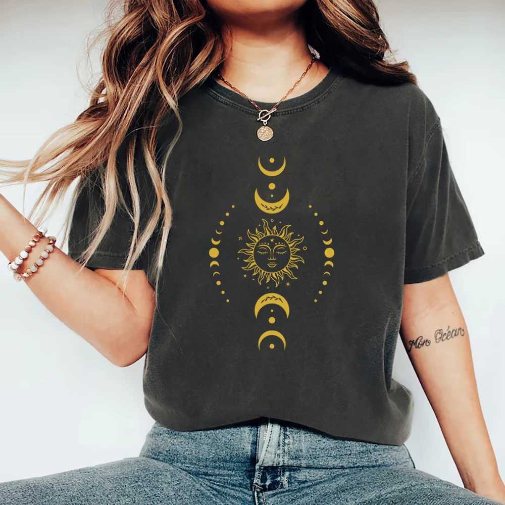 Sun and Moon Stars T-Shirt Celestial Tshirt Boho Sun Moon T-Shirts Women Short Sleeve T Shirts Retro Mystical Tee Women Clothes M260317