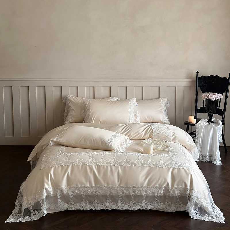 Romantic White Flowers Lace Princess Wedding Bedding Set 100S Egyptian Cotton Duvet Cover Flat/Fitted Bed Sheet Pillowcases 4Pcs D260317