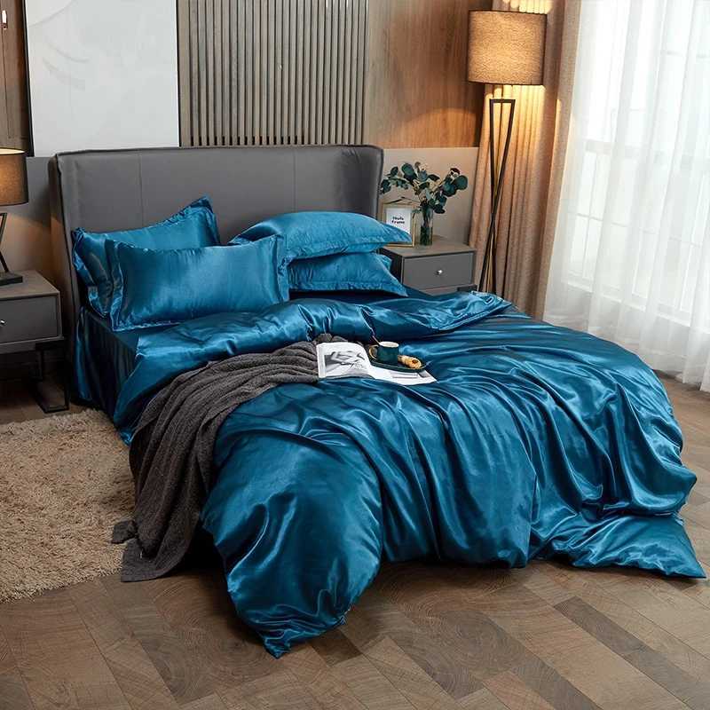 Solid color 3/4PCS fitted sheet bedding set Washed ice silk flat bedsheet Duvet cover pillowcase Quilt cover sets twin king size D260317
