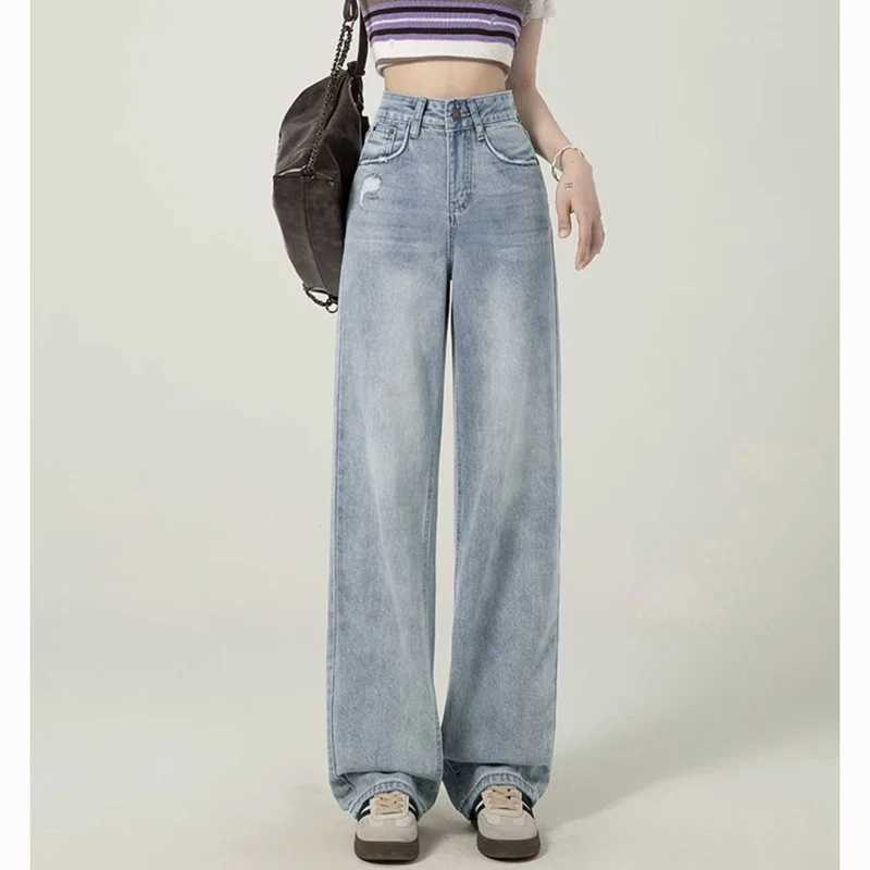 Lady Chic Ripped Baggy Jeans Women Light Blue Narrow Wide Leg Denim Pants s Casual Fashion High Waist Trousers M260317