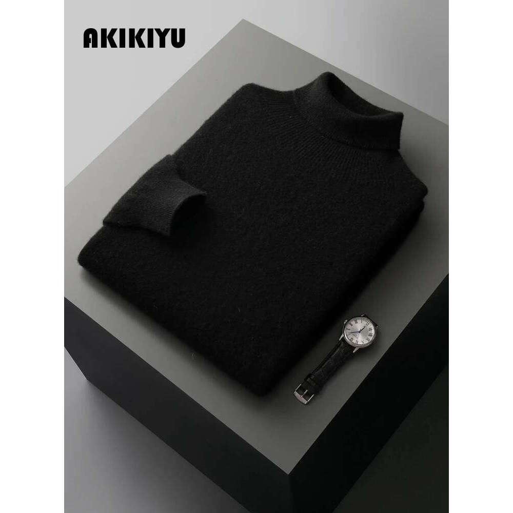 Autumn Winter Men's Sweater Turtleneck Long Sleeve Pullover Smart Casual 100% Merino Wool Knitwear Soft Warm Jumper Clothes AKIKIYU