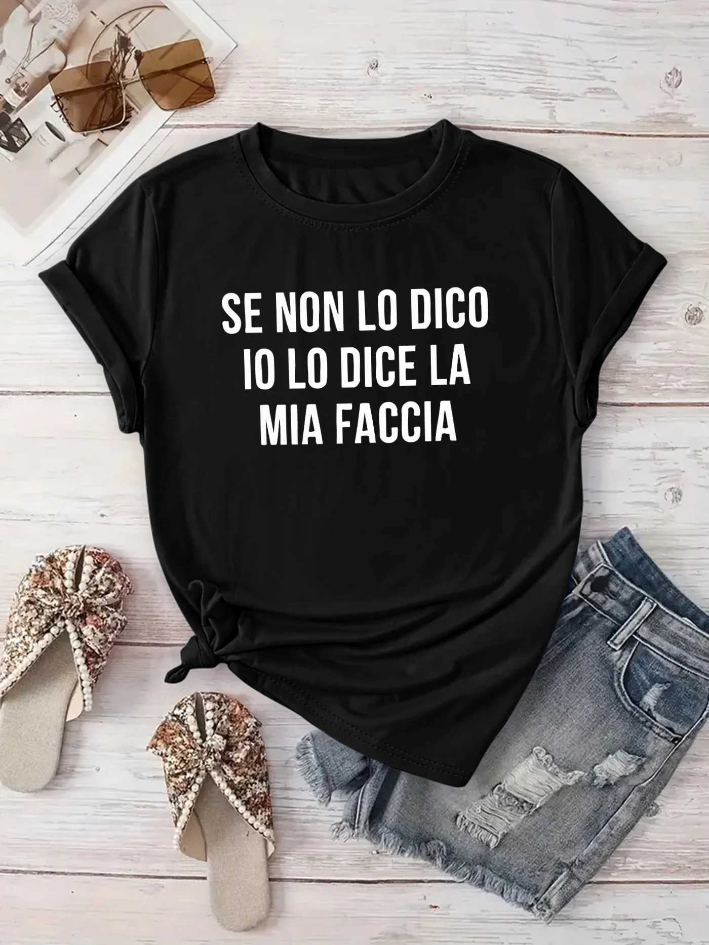 Phrase Geometric Vibrant Round Spring Summer Vacation Wear Womens Casual Short SLeeve T-Shirt with Italian M260317