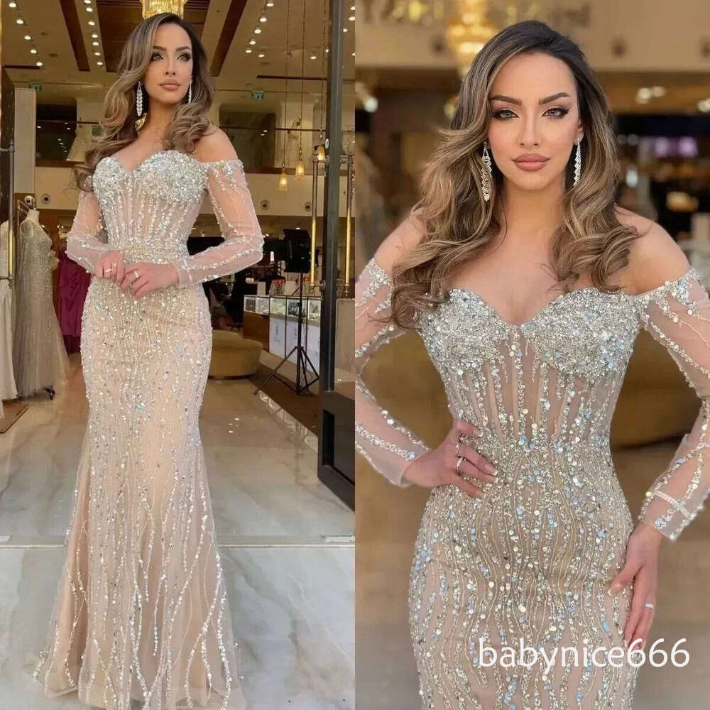 Elegant Champagne Sparkling Mermaid Evening Dubai Beaded Off Shoulder Long Sleeve Prom Party Dress Customization